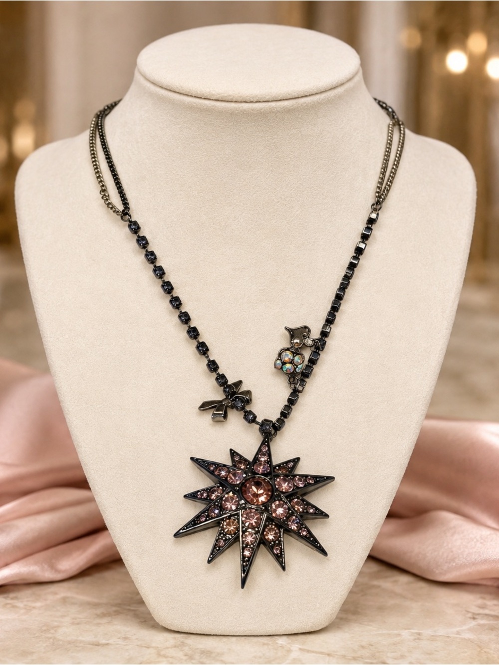Betsey Johnson Black Chain Starburst Necklace with Pink Crystals